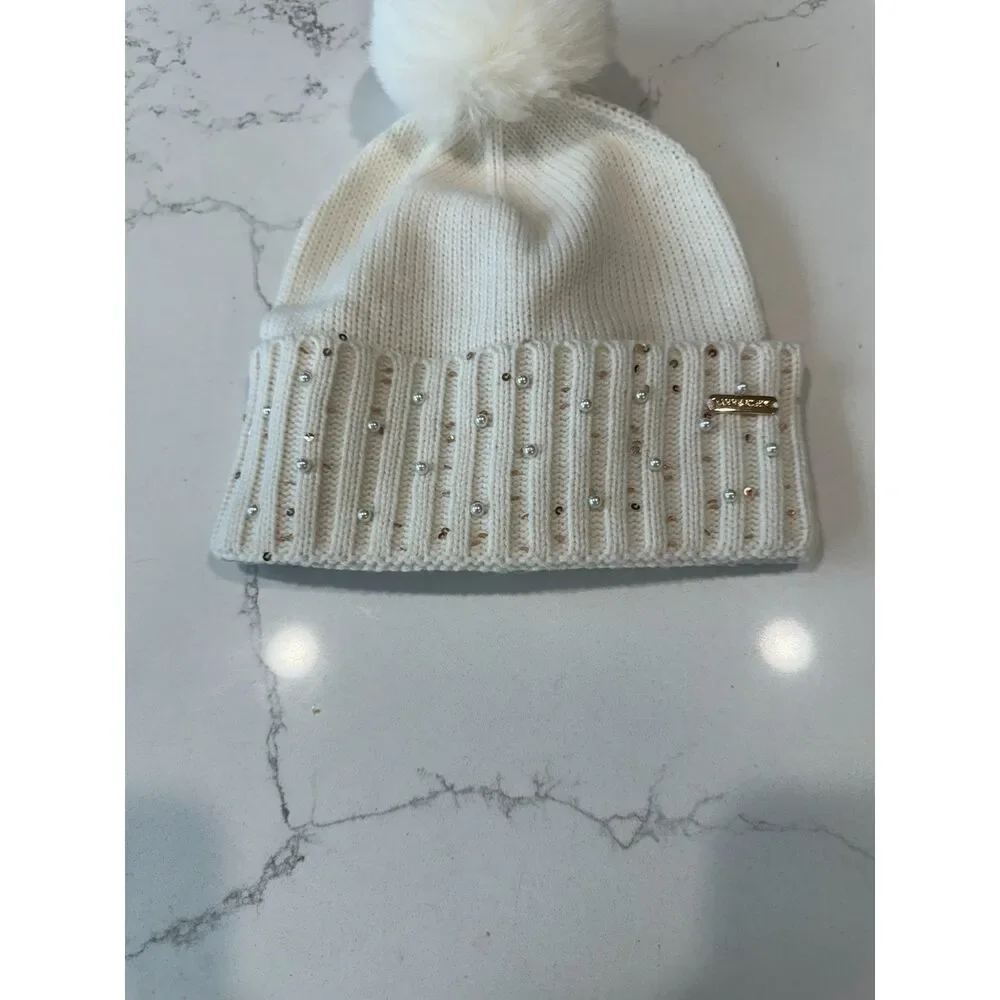Anne Klein White Sequin Faux Fur Pom Beanie Hat